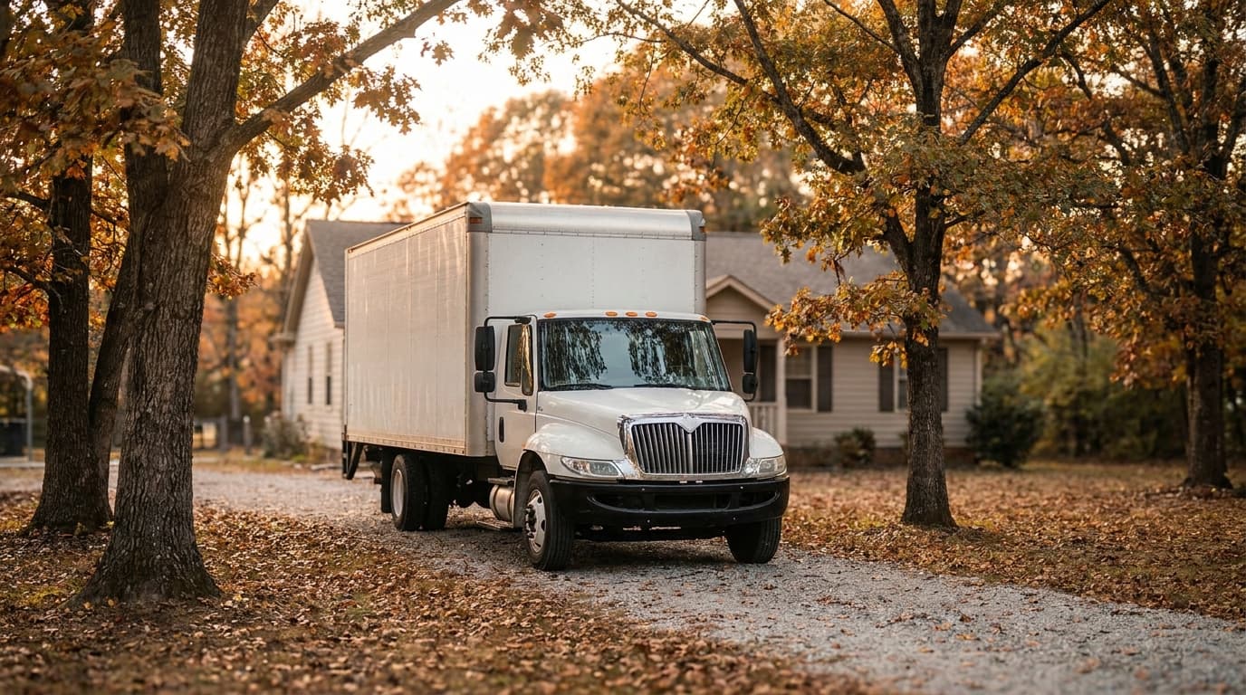 A moving truck in a driveway framed by early-autumn trees in warm seasonal light
