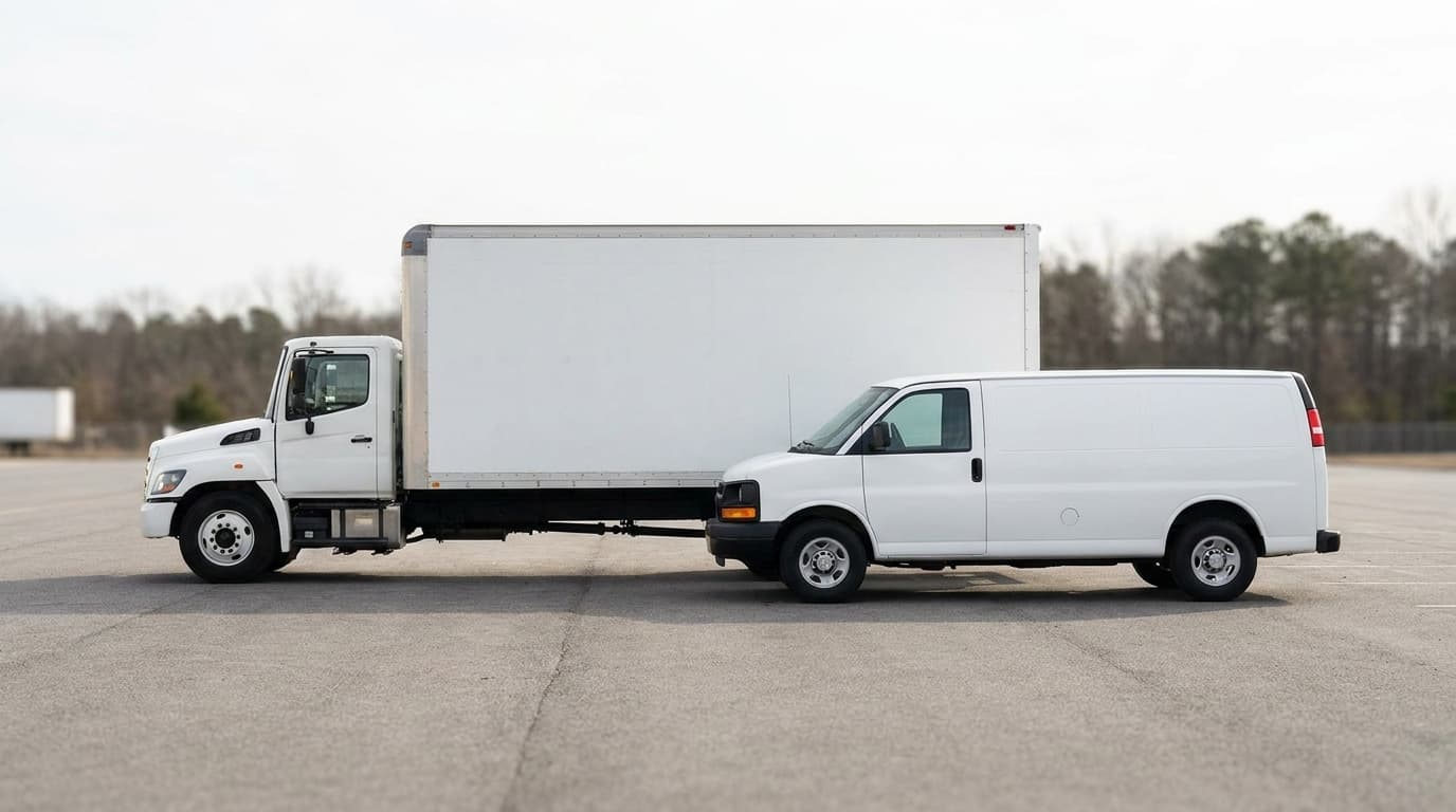 A cargo van parked beside a larger box truck for size comparison