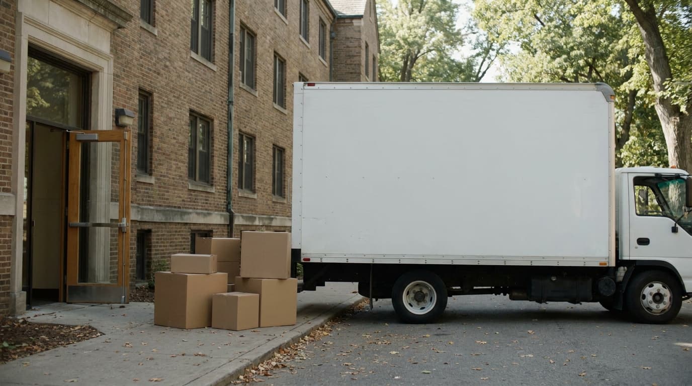 A small moving truck parked outside a college dormitory on a bright fall day