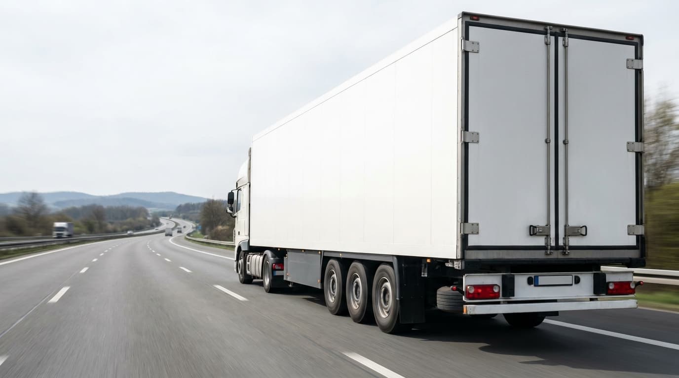 A moving truck traveling on a highway seen from a low angle that emphasizes its size