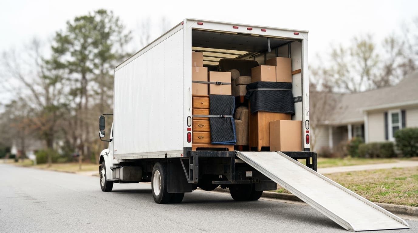 The open rear of a moving truck neatly packed with boxes and blanket-wrapped furniture