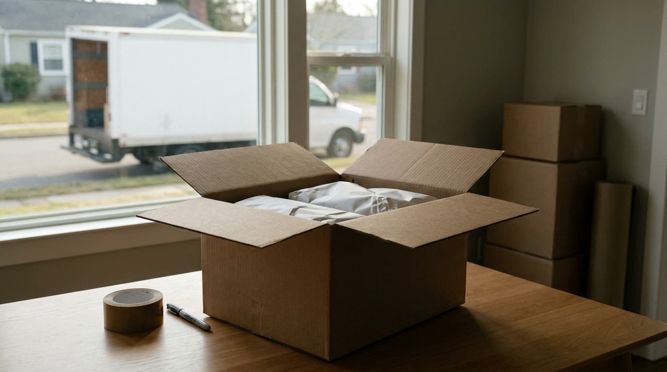 An open moving box being filled with items wrapped in packing paper