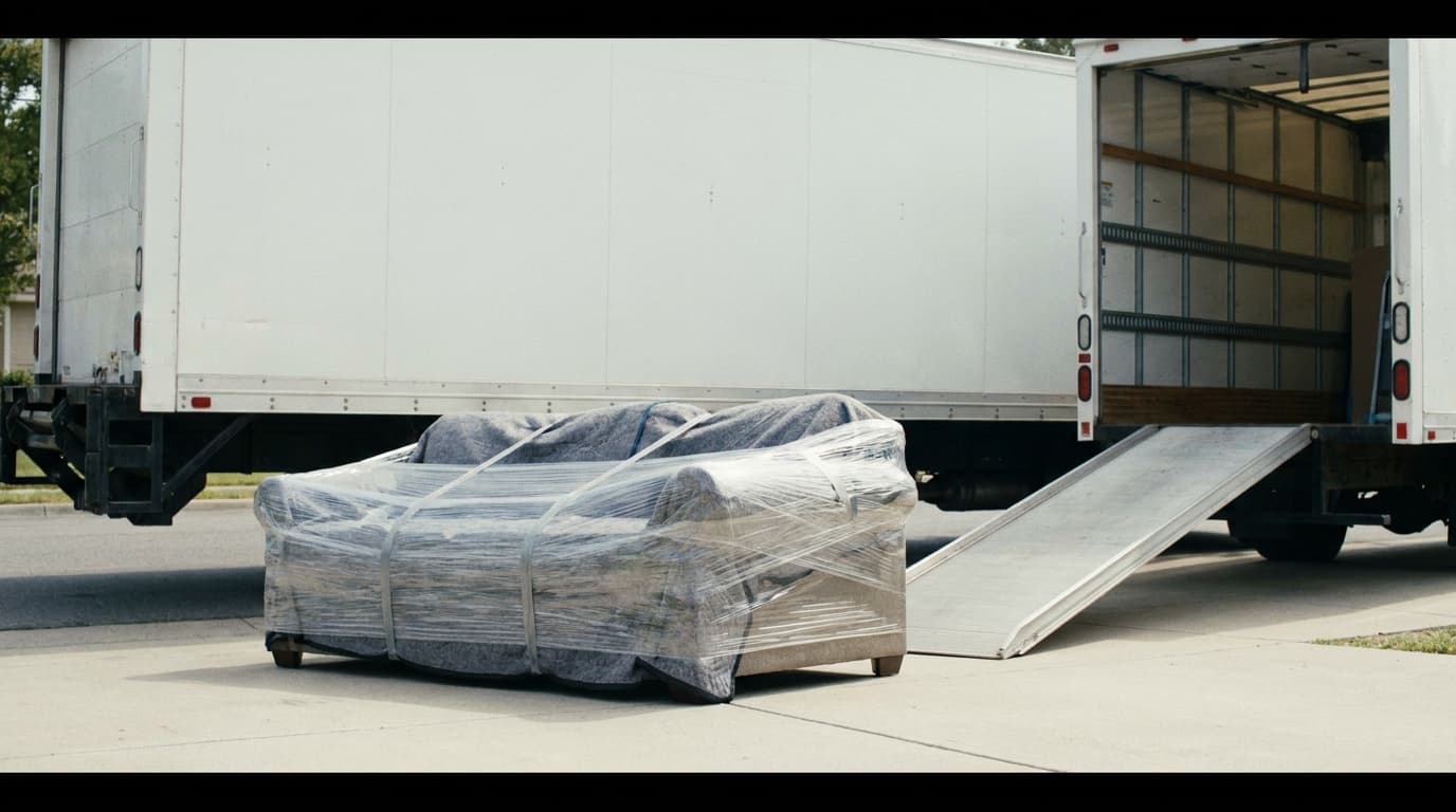 A sofa wrapped in moving blankets and stretch wrap beside a truck ramp
