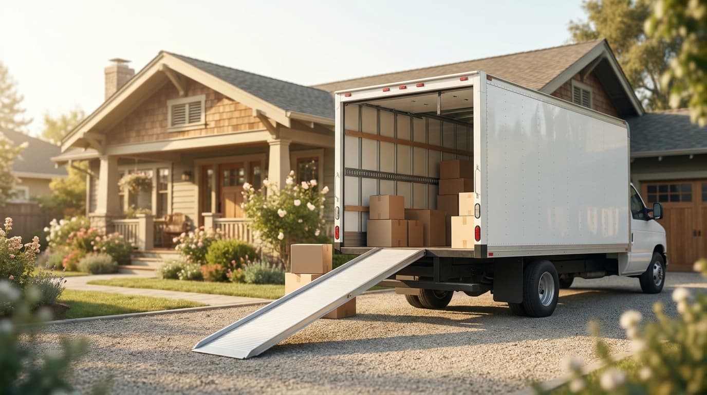 A clean moving truck parked outside a home on a bright morning, ready to load