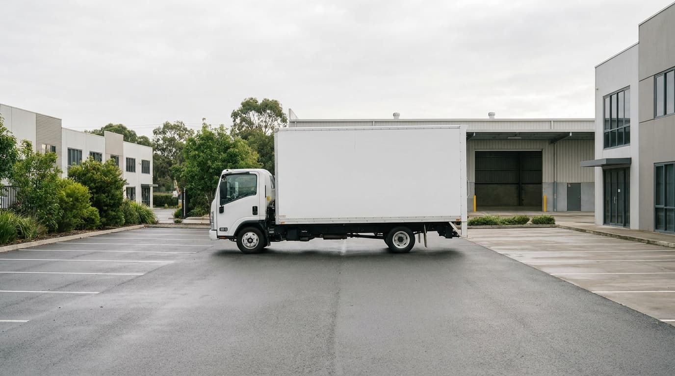 A moving truck parked in a rental-return lot in the morning