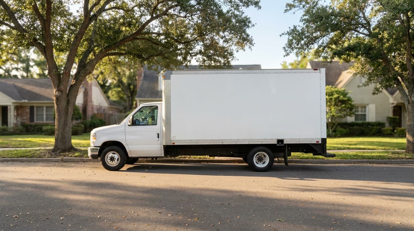 A moving truck parked on a quiet suburban street on a calm weekday