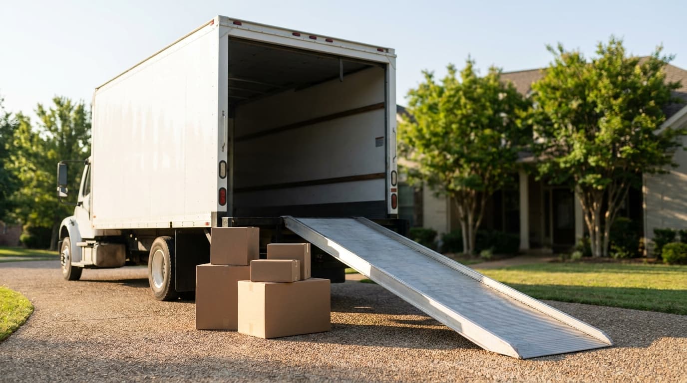 The open rear of a moving truck with the ramp down and boxes staged