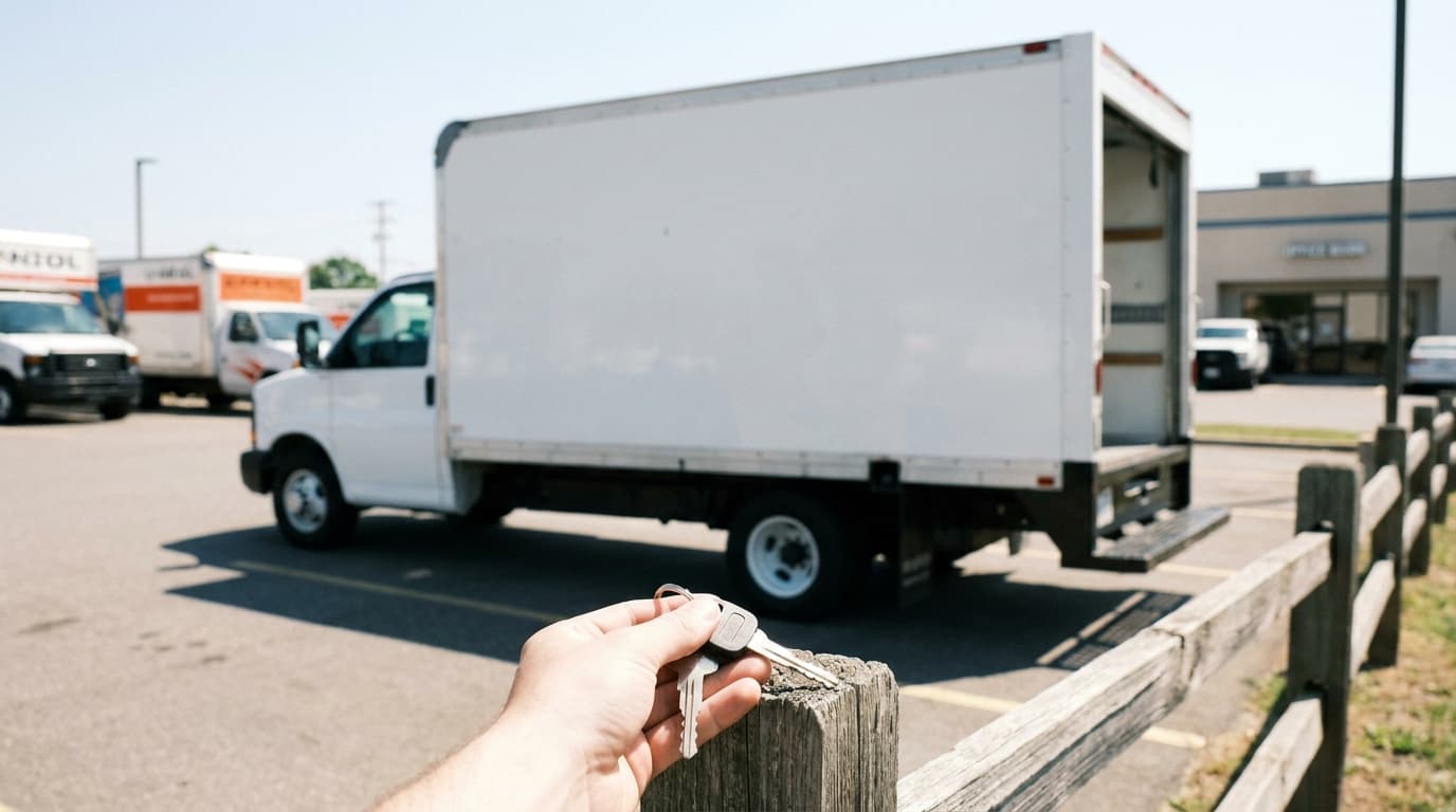 A moving truck parked and ready at a rental lot in midday light