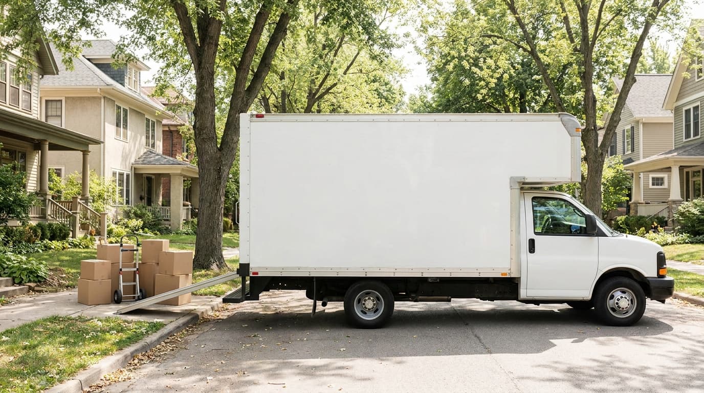 A moving truck parked on a residential street for an in-town move