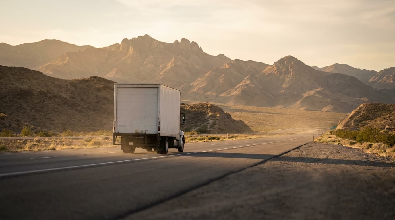 A moving truck on a long interstate cutting through mountain and desert scenery