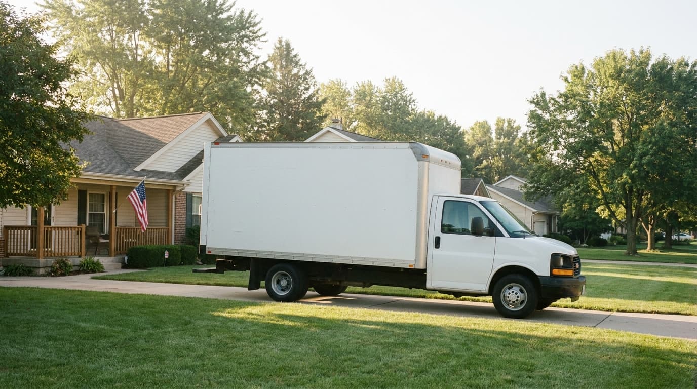A moving truck in the driveway of a tidy home with a small American flag