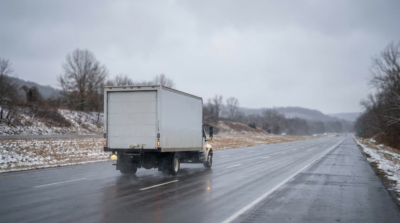 A moving truck on a wet highway under an overcast winter sky