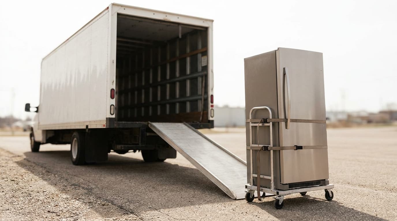A refrigerator strapped to an appliance hand truck at a moving truck ramp