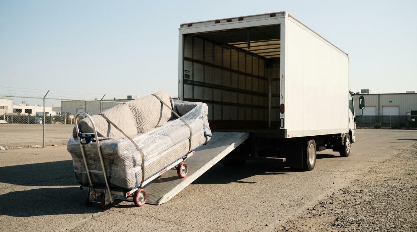 A single wrapped sofa strapped to a dolly at a cargo van ramp
