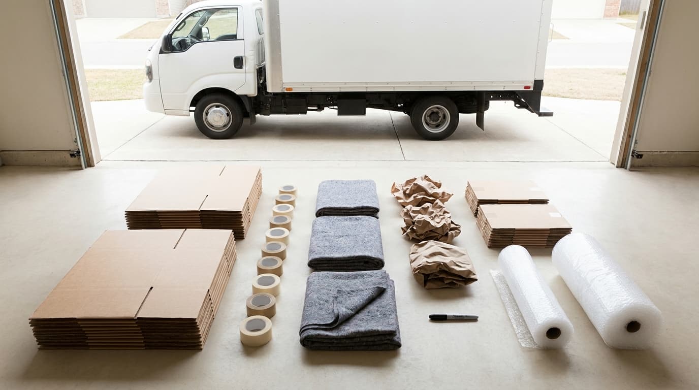 Neatly arranged moving supplies: boxes, tape, bubble wrap, markers, and blankets