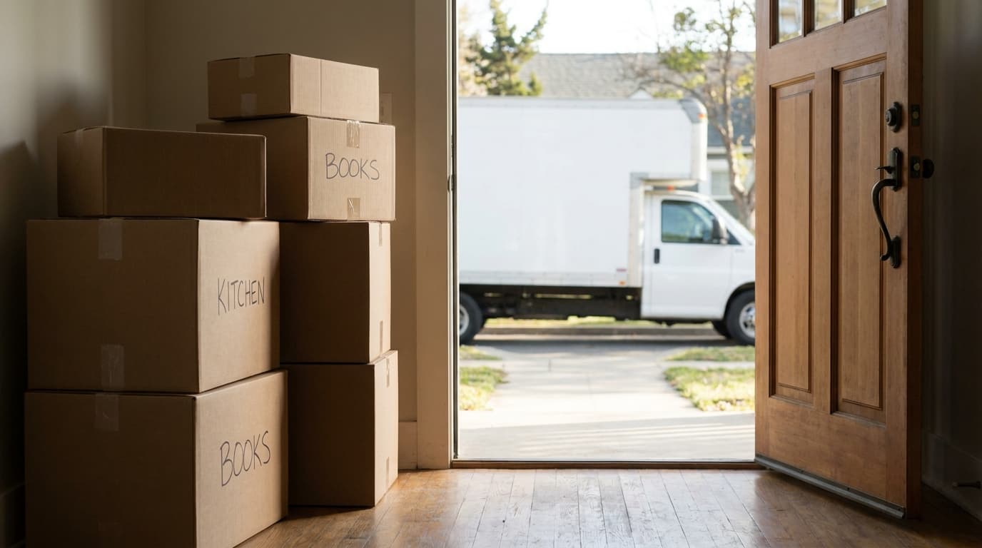 Labeled moving boxes by a front door with a moving truck outside