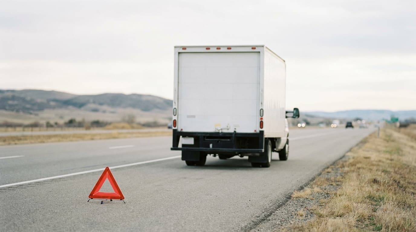 A moving truck pulled onto the highway shoulder with a hazard triangle set out