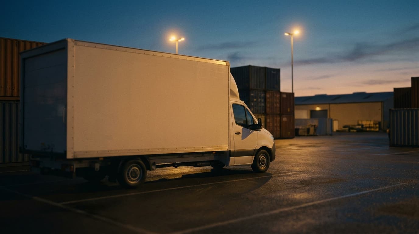 A moving truck parked at a depot at dusk under warm lot lighting