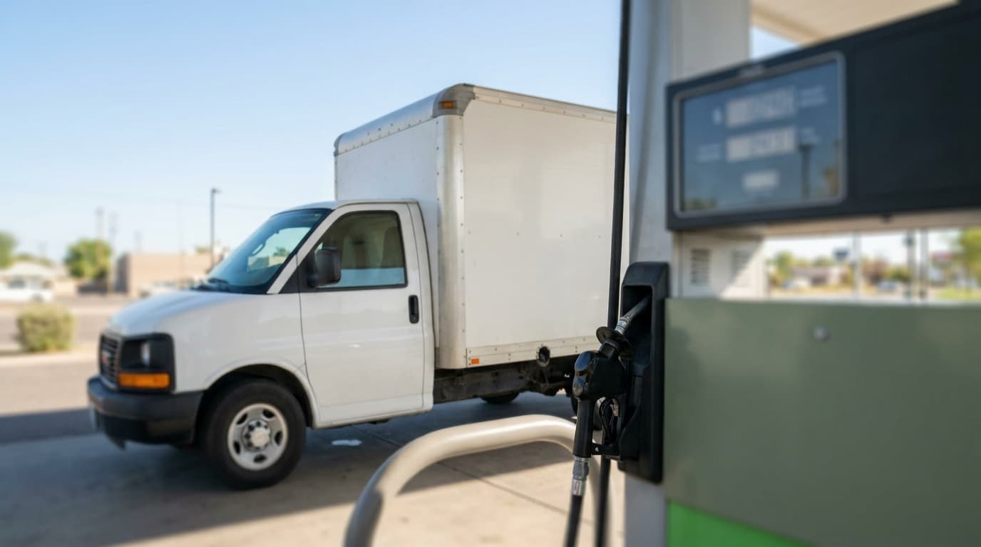 A moving truck refueling at a fuel pump in daylight