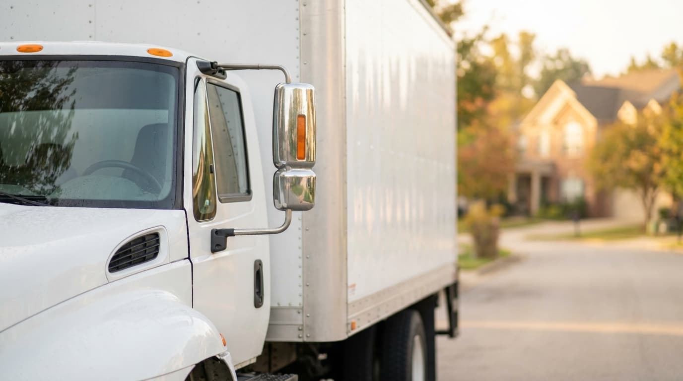 Close-up of the front and side mirror of a clean moving truck in soft morning light