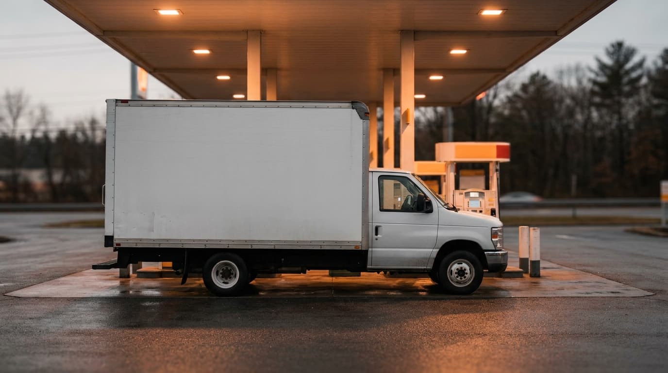 A moving truck pulled up at a fuel station at dusk