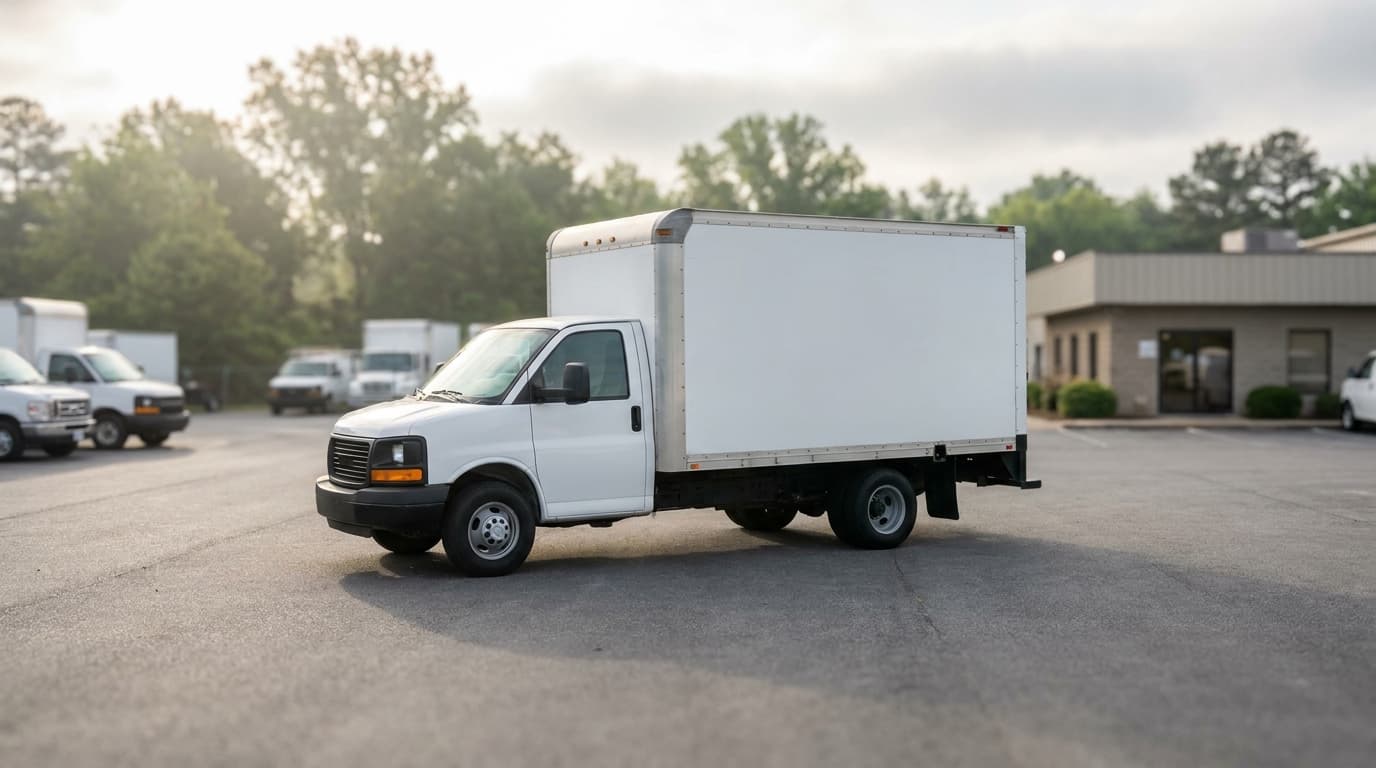 A moving truck parked at a clean rental depot lot in the morning