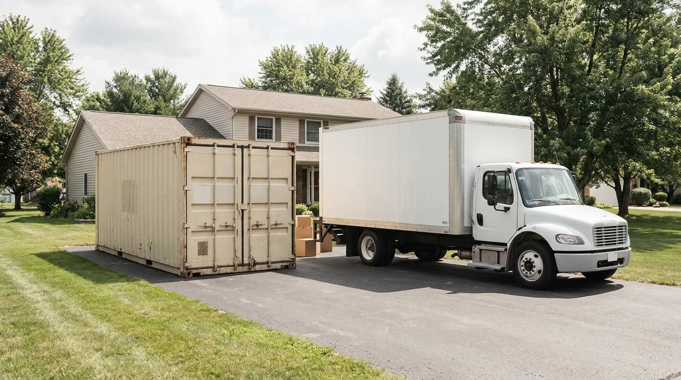 A portable moving container beside a moving truck in a driveway