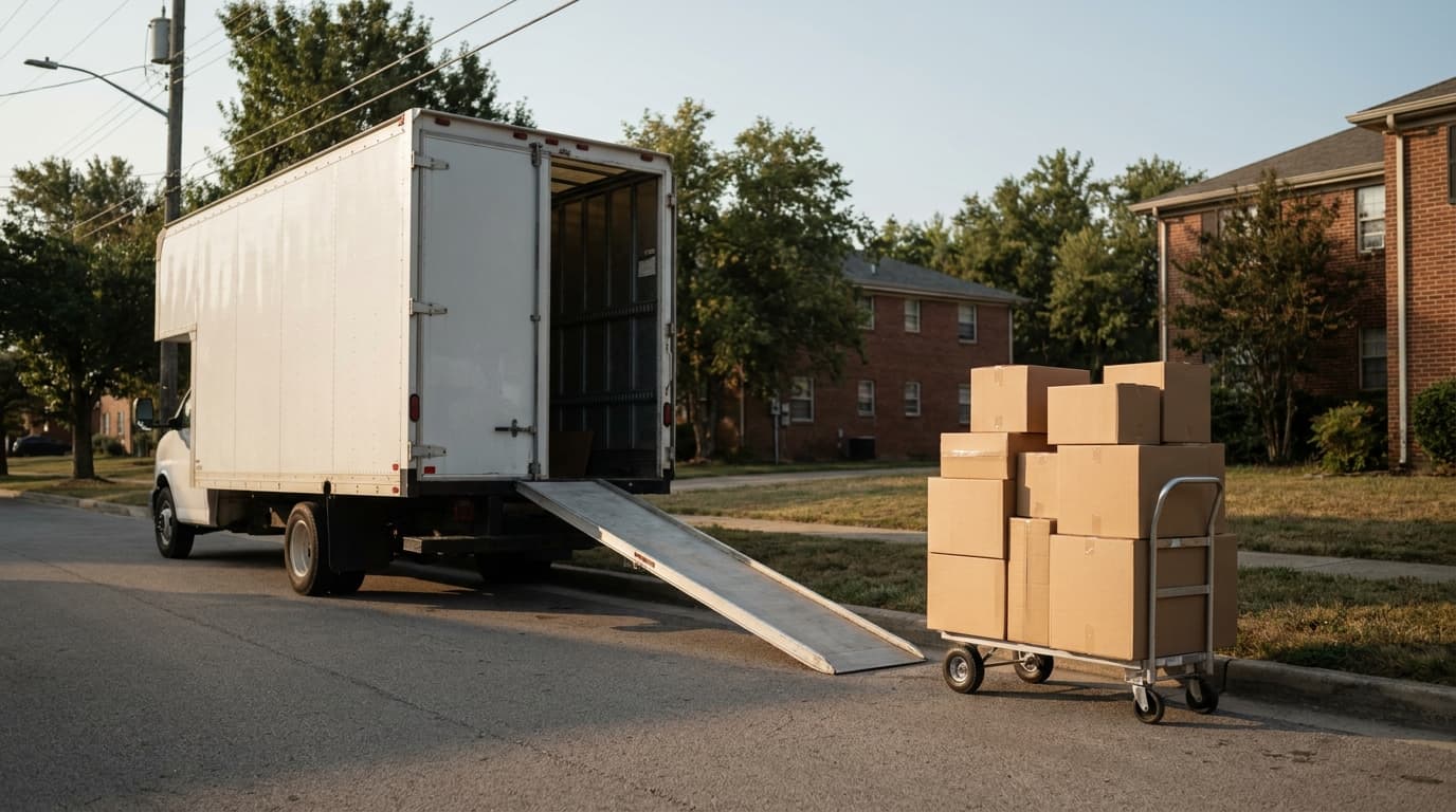 A moving truck at the curb with a hand truck of boxes, a do-it-yourself move