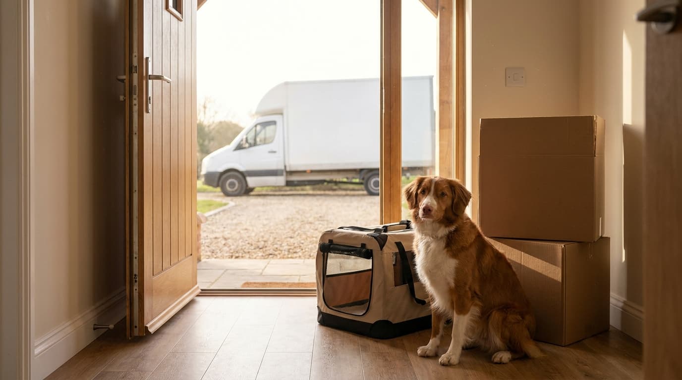 A calm dog sitting beside a pet carrier and moving boxes near a door