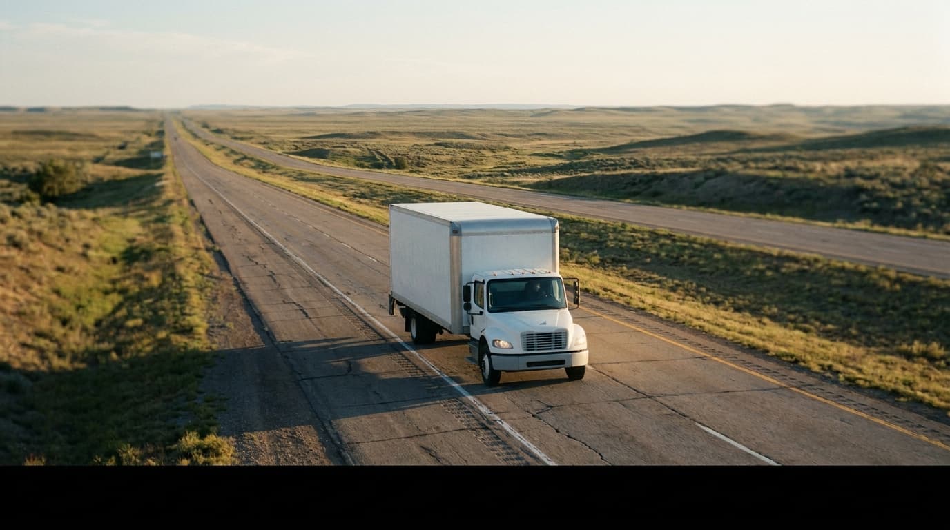 A moving truck on a long open interstate between two distant cities