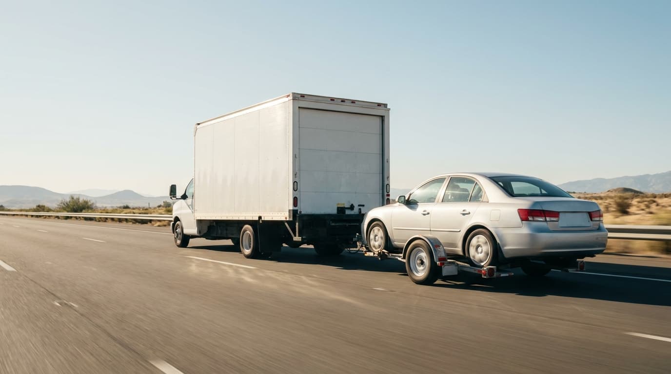 A moving truck towing a car on a tow dolly on an open highway