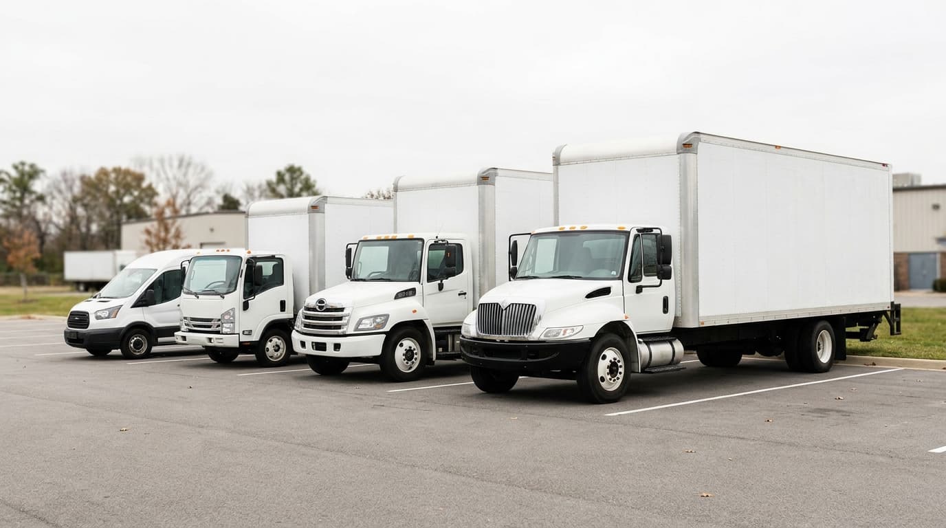 A lineup of moving trucks in ascending size from cargo van to 26-foot truck