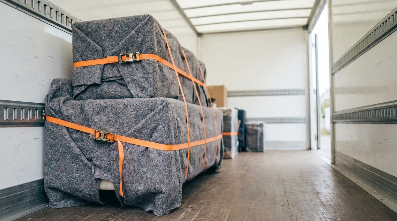 Furniture wrapped in moving blankets and secured with ratchet straps to the anchor rails inside a moving truck