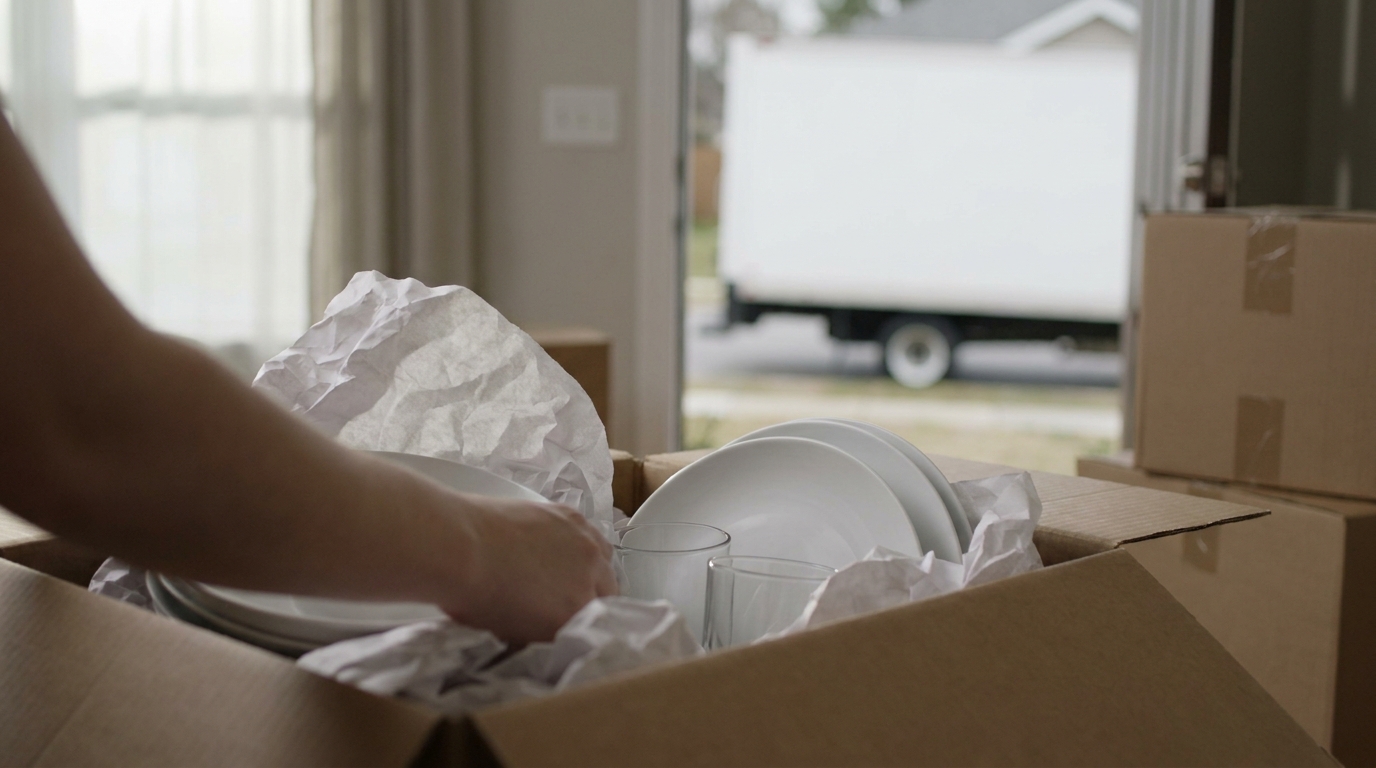 Plates and glasses wrapped in packing paper and stood on edge inside a box