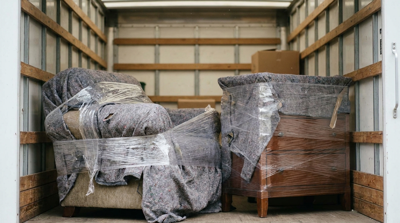 An armchair and dresser wrapped in moving blankets and secured with stretch wrap