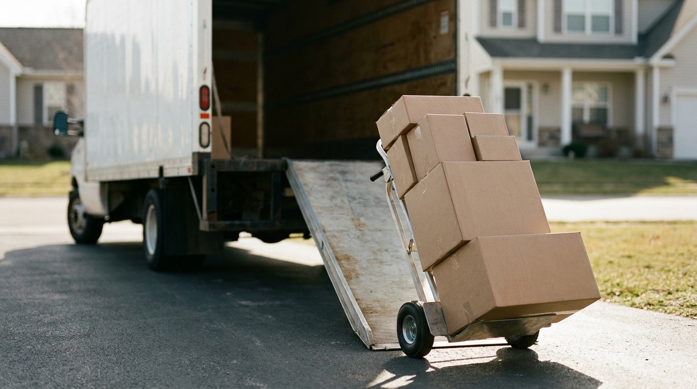 A hand truck stacked with boxes at the bottom of a moving-truck ramp