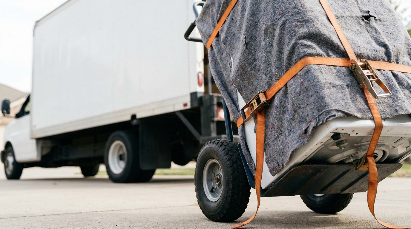 A washing machine wrapped in a moving blanket and strapped to an appliance dolly