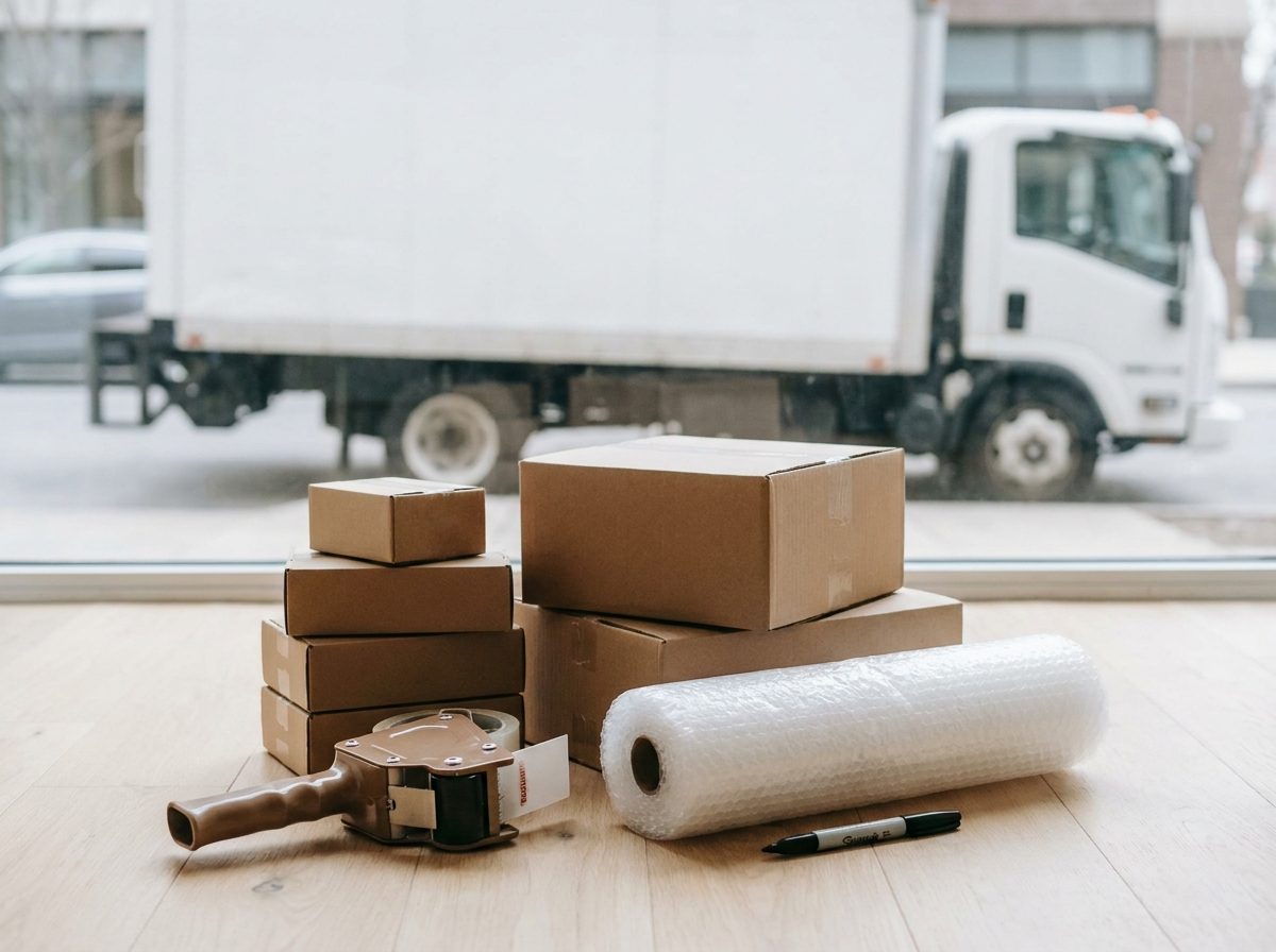 Moving supplies grouped together: boxes, tape, bubble wrap, and a marker