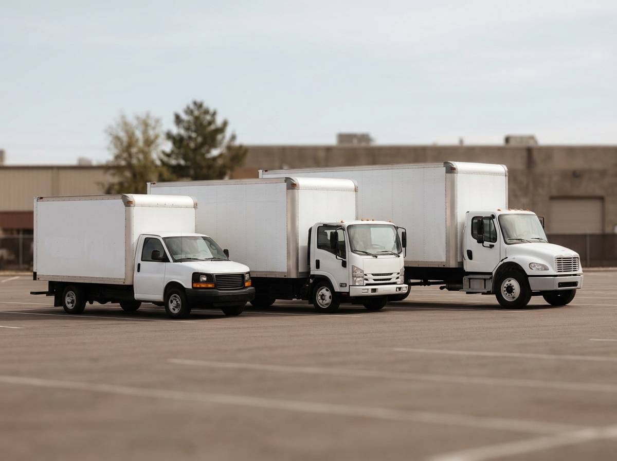A lineup of moving trucks from a small cargo van up to a 26-foot box truck, showing the range of sizes